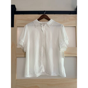 CeCe Women’s White Scalloped Puff Sleeve Button Front Blouse XL NWT